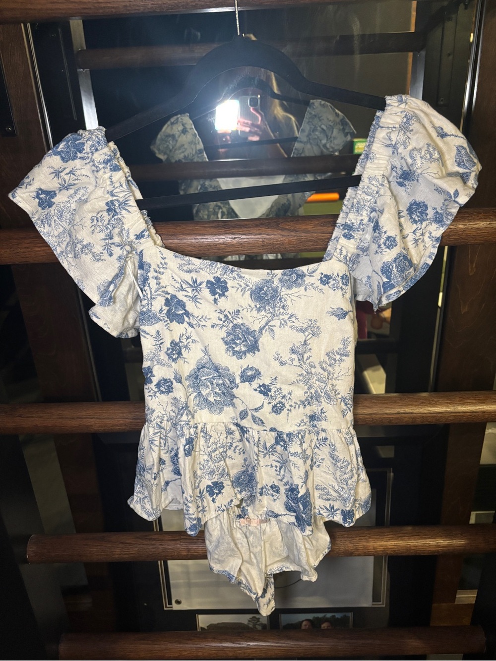 Blue Floral Peplum Puff-Sleeve Women's Top